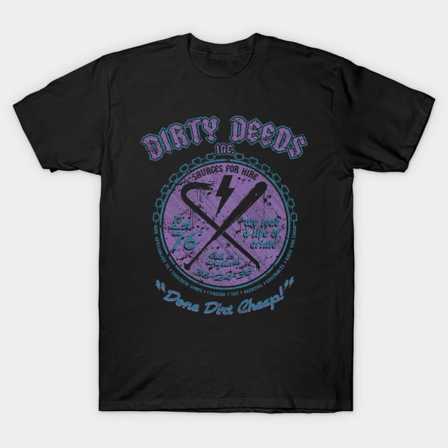 "DIRTY DEEDS" PURPLE BLUE T-Shirt by joeyjamesartworx